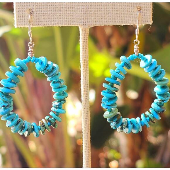 Sleeping Beauty Turquoise Sterling Silver Artisan Hoop Earrings - Picture 5 of 8